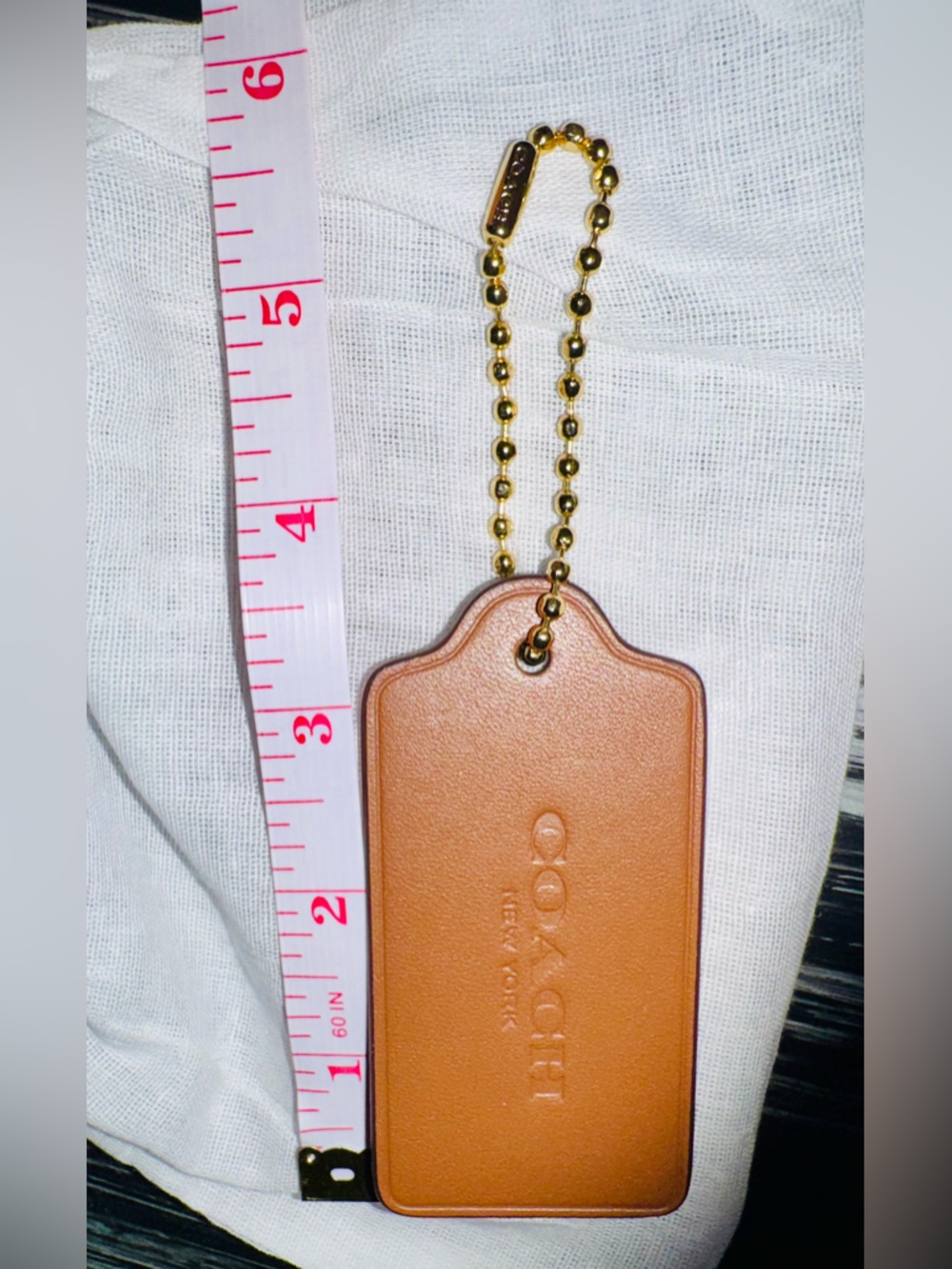 Coach XXL Tan Brown Leather Hangtag with brand name Gold Beaded Keychain - EUC